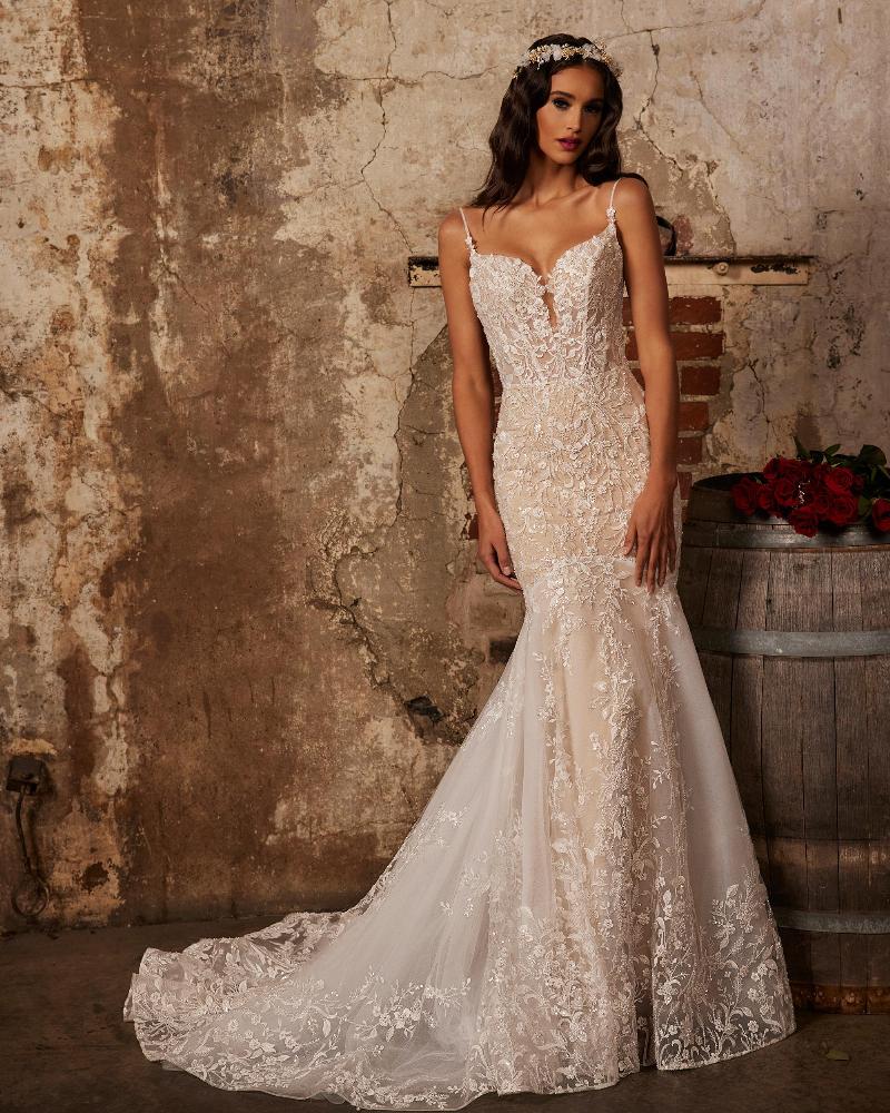 122251 sparkly wedding dress with mermaid silhouette and spaghetti straps1